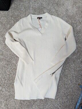 Quince Ivory Cotton Ribbed Maternity Vneck Sweater XS side Zippers
